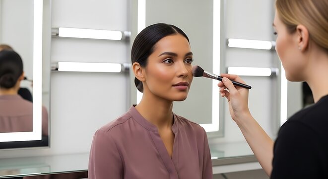 Professional makeup artist applies bronzer powder on client cheek bones.
