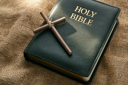 Holy Bible book with wooden cross on burlap