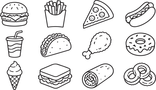Fast food icons collection with black and white line art