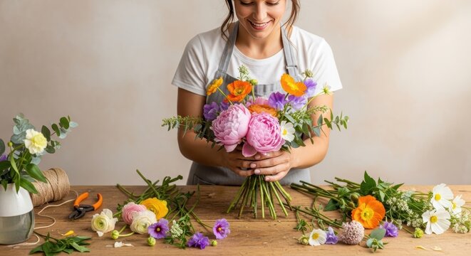 Woman florist making a beautiful colorful flower bouquet on a table