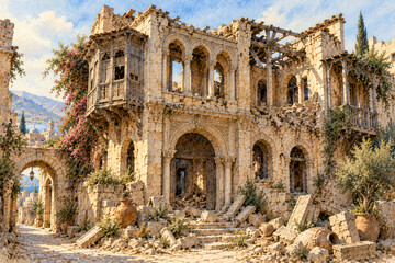 Fototapeta premium Ruined Ancient Middle Eastern Mansion with Ornate Arches and Wooden Balconies