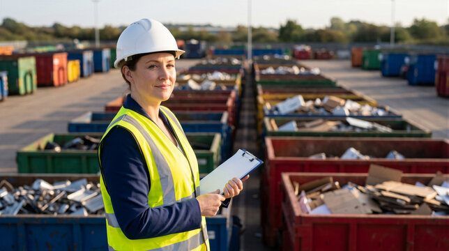 Female waste management supervisor in highvisibility vest and hard hat holding a clipboard at a recycling facility