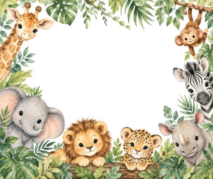 Cute Safari Animals Watercolor Frame for Baby Nursery