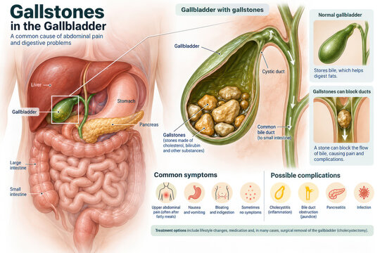 Gallstones in Gallbladder Medical Anatomy Infographic with Symptoms and Complications