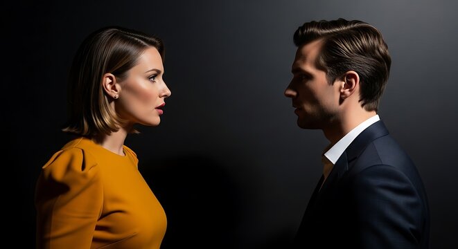 Serious young couple facing each other in profile on black backdrop.