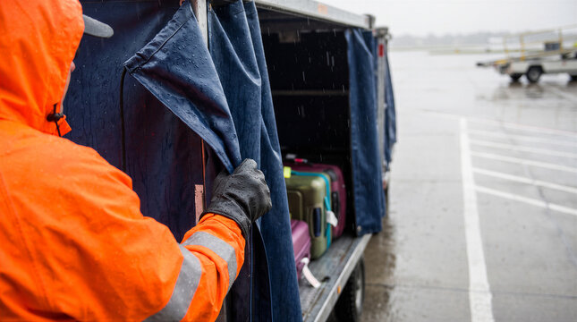 Airport ground crew worker in orange raincoat opening a luggage cart cover during a rainy day on the tarmac