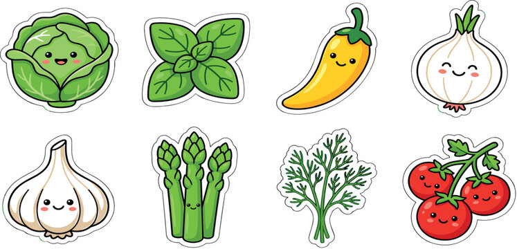 Cute kawaii vegetable sticker vector character set with cabbage basil chili onion garlic asparagus tomatoes