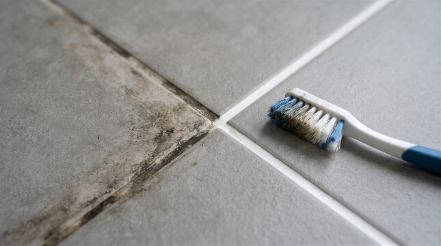 Closeup of a dirty toothbrush cleaning mold and grime from grey bathroom floor tiles and grout lines