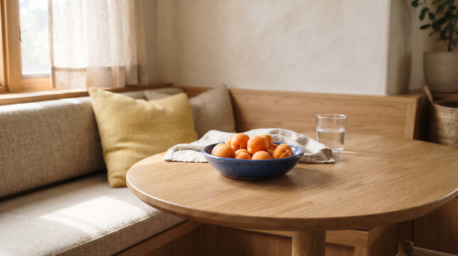 Cozy breakfast nook with a wooden table, a bowl of fresh apricots, and a glass of water in a sunlit home interior
