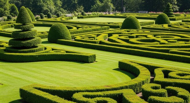 A meticulously designed formal garden features a vast expanse of vibrant green lawn interwoven with intricate hedges.
