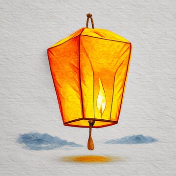 Orange Sky Lantern Floating Against Gray Textured Background