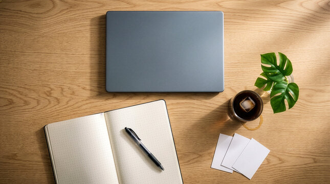 Minimal Flat Lay Workspace with Laptop, Notebook, Coffee and Plant