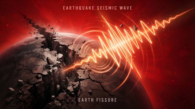 Earthquake Seismic Wave and Cracked Earth Surface. Seismic Activity Visualization with Ground Crack. Geological Disaster, Earthquake Risk and Natural Hazard Concept
