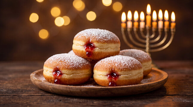 Delicious traditional Jewish jelly donuts called sufganiyot served on a wooden plate with a glowing menorah in the background for Hanukkah.