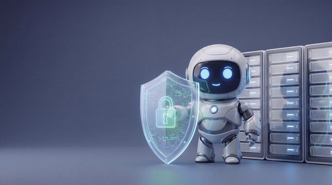 AI Robot Protecting Data Center and Server Cybersecurity. Smart Robot with Digital Shield Protecting Server Data Security