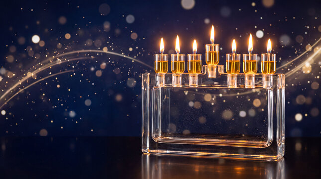 A glass Hanukkah menorah with seven burning oil candles on a reflective surface against a dark blue festive background with glowing bokeh lights.