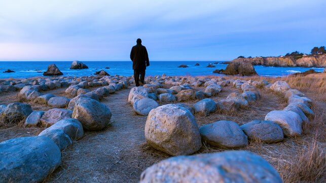 Man walking through stone labyrinth maze near ocean