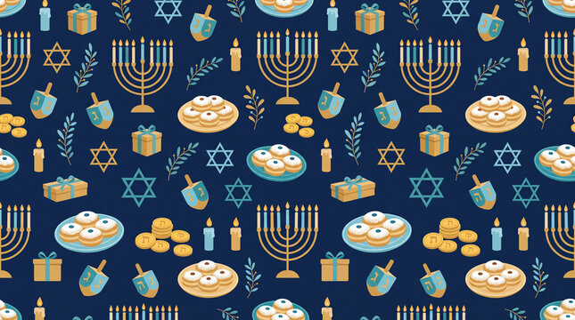 A festive Hanukkah seamless pattern featuring traditional symbols like menorahs, dreidels, jelly donuts (sufganiyot), gelt coins, and Star of David icons.