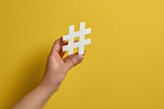 Hand holding white hashtag symbol on yellow background