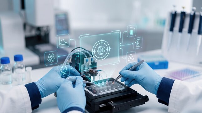 Close-up of a scientist in blue gloves using precision tools to configure a fluid dispenser on a microfluidic chip with a futuristic holographic data interface overlay in a lab