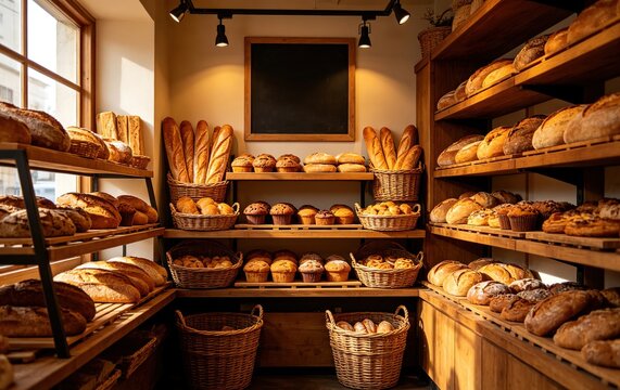 Empty Artisan Bakery Display, Bread Shelves Warm Spotlights