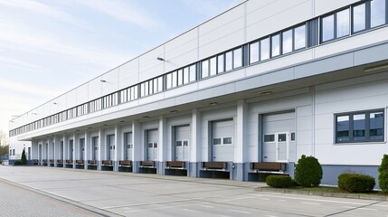 Obraz premium Empty loading docks at large industrial warehouse building