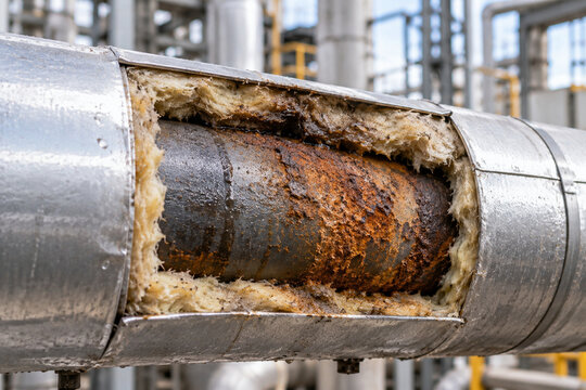 Corrosion under insulation exposed on industrial steel pipe