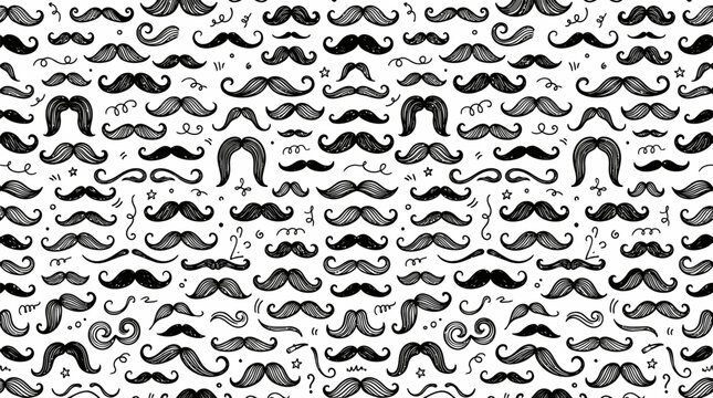 Vintage mustache seamless pattern vector, hand drawn black and white facial hair background, retro gentleman barber shop wallpaper texture