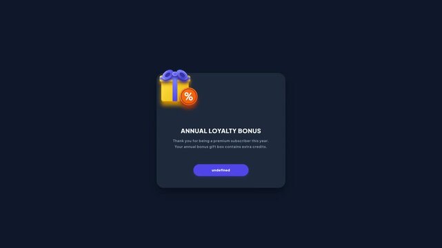 3D Annual Loyalty Bonus Gift Box UI Visual Animation for Premium Subscription Reward Notification