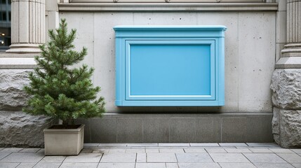 Obraz premium Blue wooden signboard mounted on stone building wall