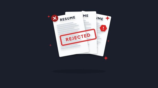 Multiple Resume Documents with Rejected Stamp 2D Vector Flat Motion Graphic Animation for Job Application Concept