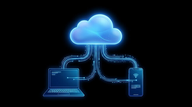 Glowing cloud computing icon connects to a laptop and smartphone through blue digital data lines on black background.