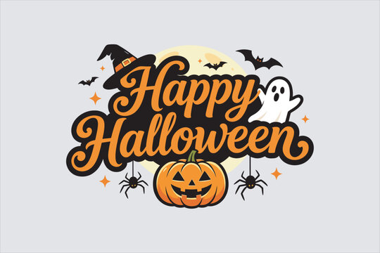Happy Halloween typography lettering with pumpkin, ghost, witch hat, and spider in flat 2D style. Vector concept for greeting banner.