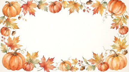 Fototapeta premium Watercolor autumn pumpkin frame, fall harvest border with maple leaves and acorns, rustic seasonal background for thanksgiving invitations