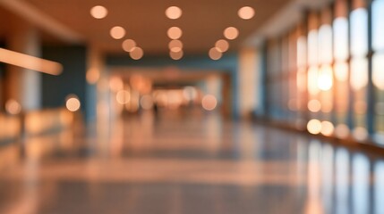 Obraz premium blurred modern office hallway with warm bokeh lights