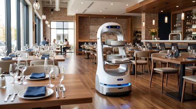 Autonomous service robot carrying dishes in a modern restaurant setting with elegant table decor