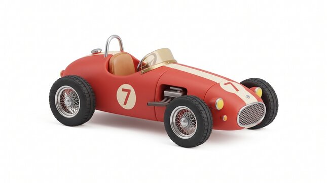 A charming vintage red toy race car with the number 7 on its side, captured in a studio setting
