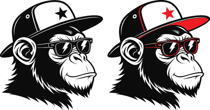 Of two chimpanzees wearing snapback caps and sunglasses