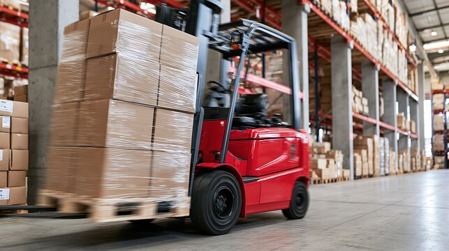 red forklift carrying pallet boxes warehouse