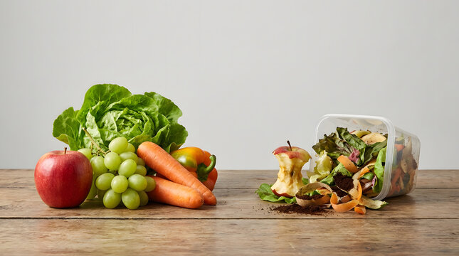 Fresh produce compared to food waste scraps on a wooden table surface.