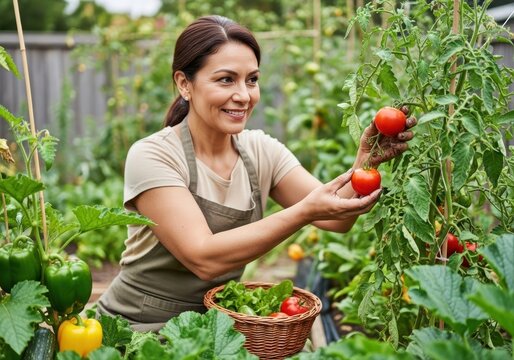 Happy woman picking fresh red tomatoes in a sunny vegetable garden