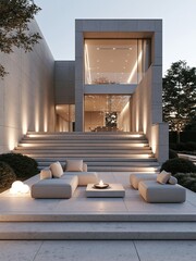 Obraz premium Modern concrete house with outdoor lounge and fire