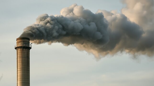 Industrial chimney releasing thick dark smoke into sky