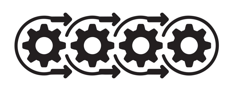 black process flow with multiple gears and arrows on transparent background for workflow.
