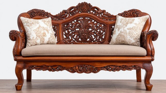 An ornate carved wooden sofa with a cushioned seat, detailed backrest scrollwork, and two patterned decorative pillows on a wooden floor.   