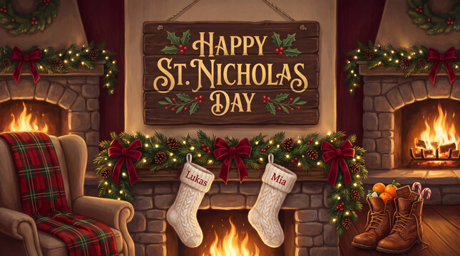 A festive St. Nicholas Day illustration featuring a warm fireplace, holiday stockings named Lukas and Mia, decorated garlands, and traditional boots with gifts.