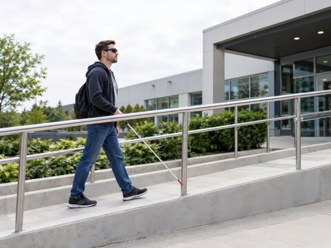 Blind man uses a white cane to walk up a sloping ramp outside a rehabilitation centre in daylight