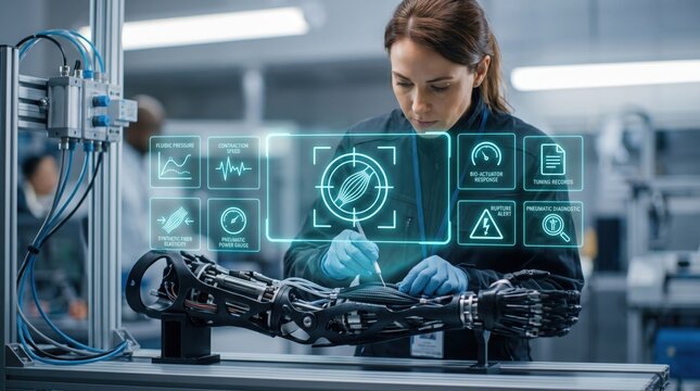 A female engineer in a laboratory tuning a futuristic bionic prosthetic arm using a holographic digital interface displaying technical data and analytics