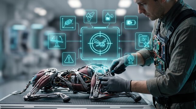 A futuristic bio-robotic technician in a grey jumpsuit using a precision tool to repair a bio-mimetic robotic quadruped dog with a glowing blue holographic diagnostic interface