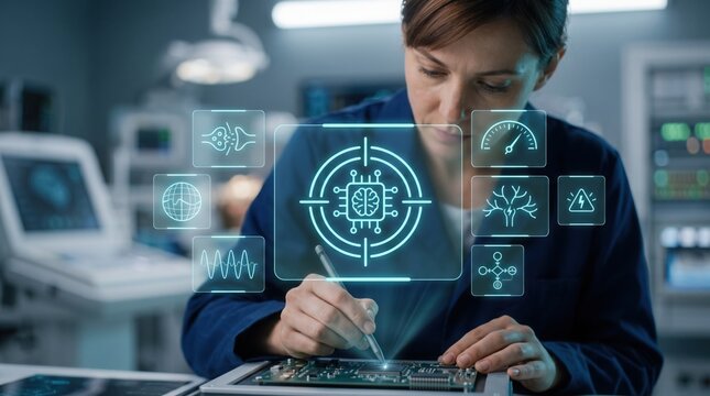 Close up of a female scientist using a stylus to program a neural stimulator on a circuit board with futuristic holographic medical data displays in a high-tech laboratory